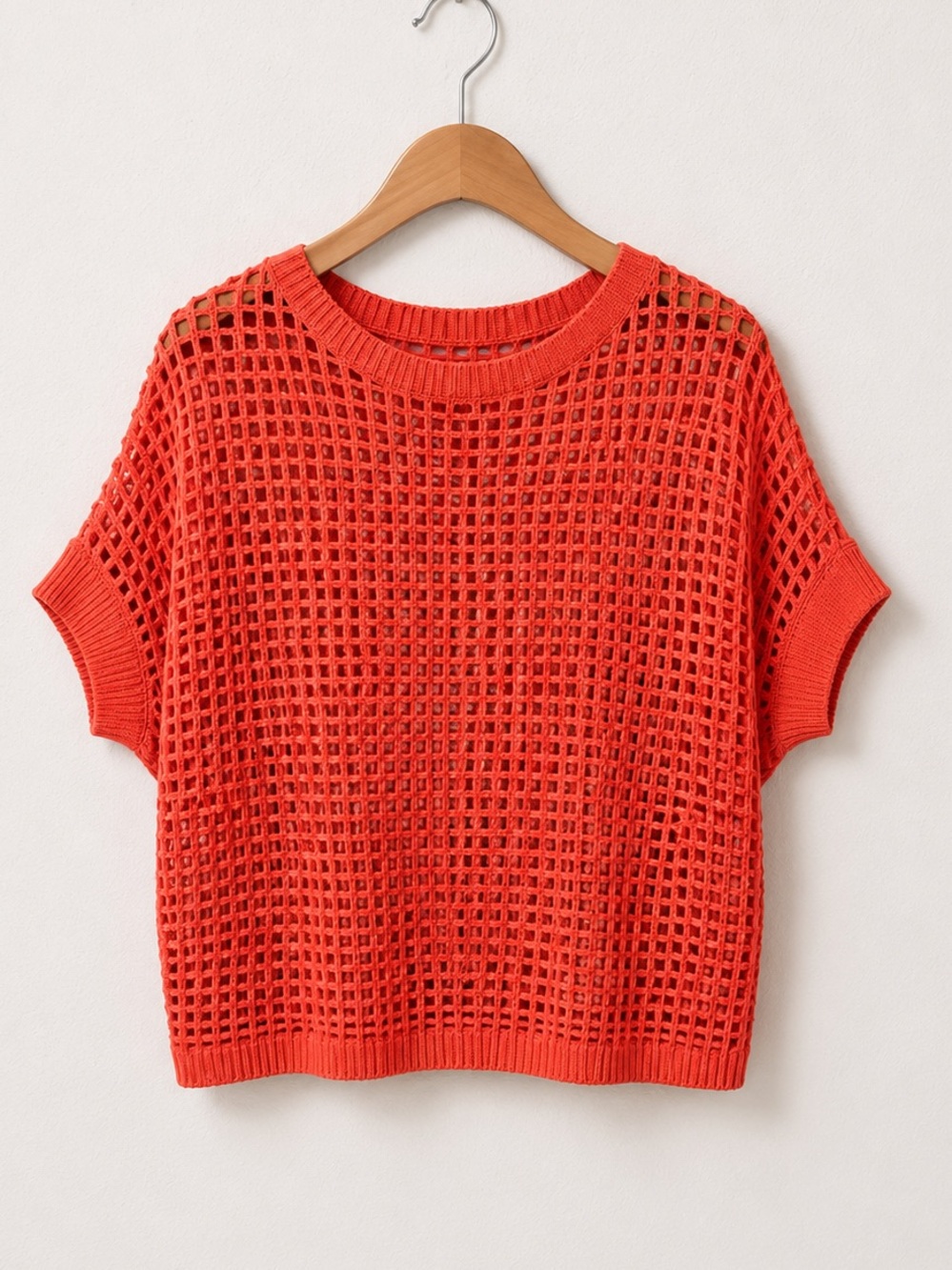 Oversized Orange Open Knit Boxy Short Bat Sleeve Crochet Sweater Coverup Top